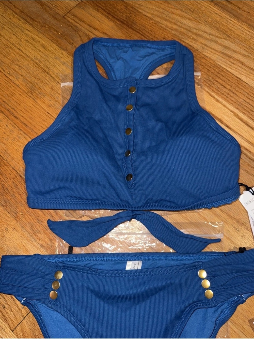 Robin Piccone Deep Blue Ribbed Bikini Set with Gold Buttons - Picture 3 of 7